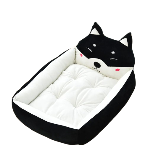 Niche noire style panière avec tête de shiba pour Chihuahua – Confort maximal avec intérieur moelleux, parfait pour les petits chiens ou chats