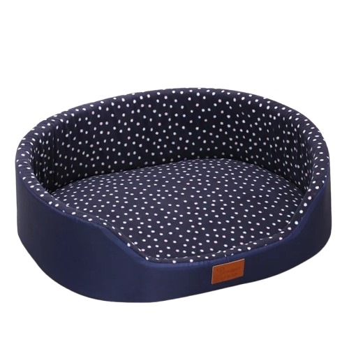 Niche pour Chihuahua : Panière bleue foncé à pois blancs – Confort maximal avec intérieur moelleux, parfait pour les petits chiens ou chats