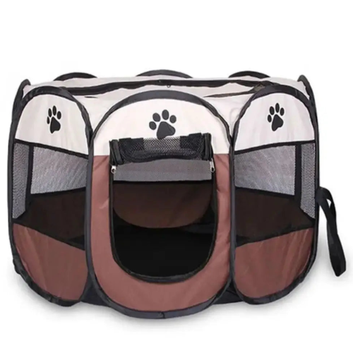 Niche pour Chihuahua : Parc pliable marron et blanc – Pratique pour offrir à votre petit chien ou chat un espace sécurisé