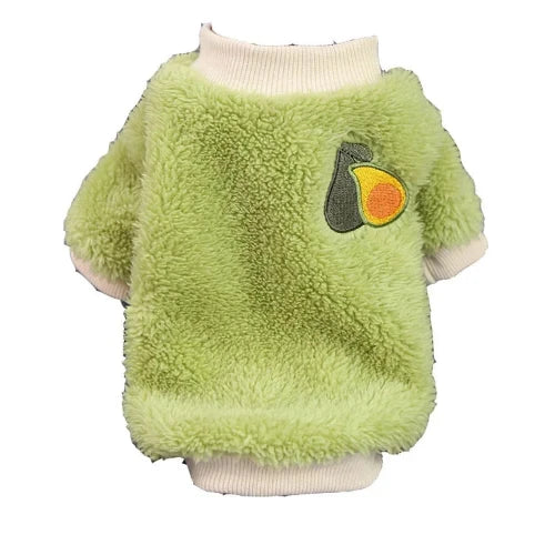 Pull pour Chihuahua polaire vert avec avocat brodé – Confortable, vêtement parfait pour garder votre petit chien ou chat au chaud