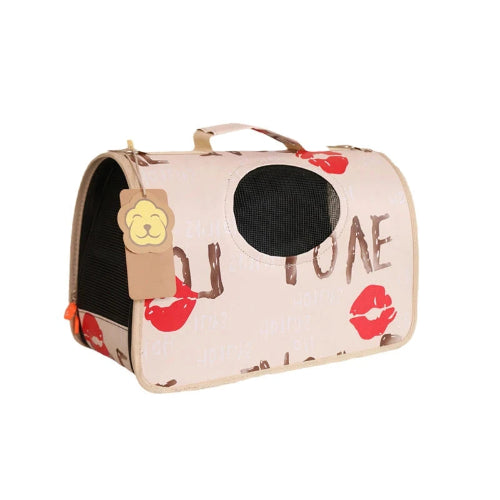 Sac bandoulière beige avec motifs love pour transporter votre Chihuahua - confortable pour emmener votre petit chien ou chat