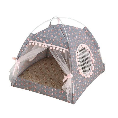 Niche pour Chihuahua : tente grise motifs fleurs – Confort maximal avec intérieur moelleux, parfait pour les petits chiens ou chats
