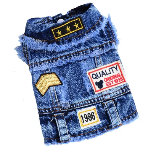 Manteau pour Chihuahua : veste en jean bleu avec patchs – Confortable, parfait pour protéger votre petit chien ou chat pendant les promenades