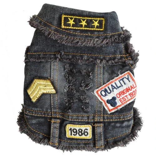 Manteau pour Chihuahua : veste en jean noir avec patchs β Confortable, parfait pour protΓ©ger votre petit chien ou chat pendant les promenades