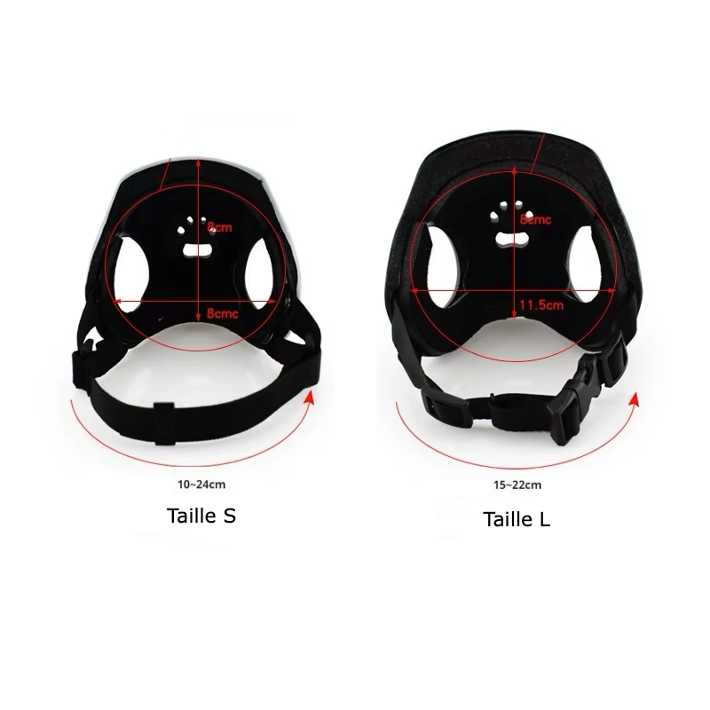 Casque intégral pour petit chien. Pour la moto ou le vélo. Avec motifs oreilles. Vendu sur la boutique Mon Petit Chihuahua. Convient aussi aux Chats. Vue des dimensions