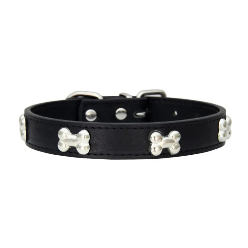 Collier pour Chihuahua en cuir noir avec motifs os. Résistant pour offrir confort et sécurité à votre petit chien ou chat