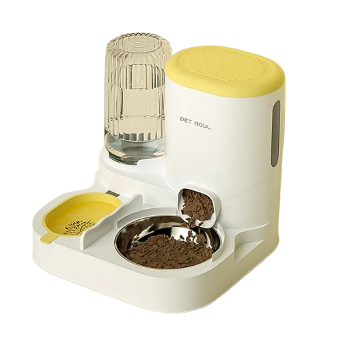 Gamelle automatique double compartiment, adaptée aux petits chiens et aux chats. Vendue sur la boutique Mon Petit Chihuahua. Couleur jaune