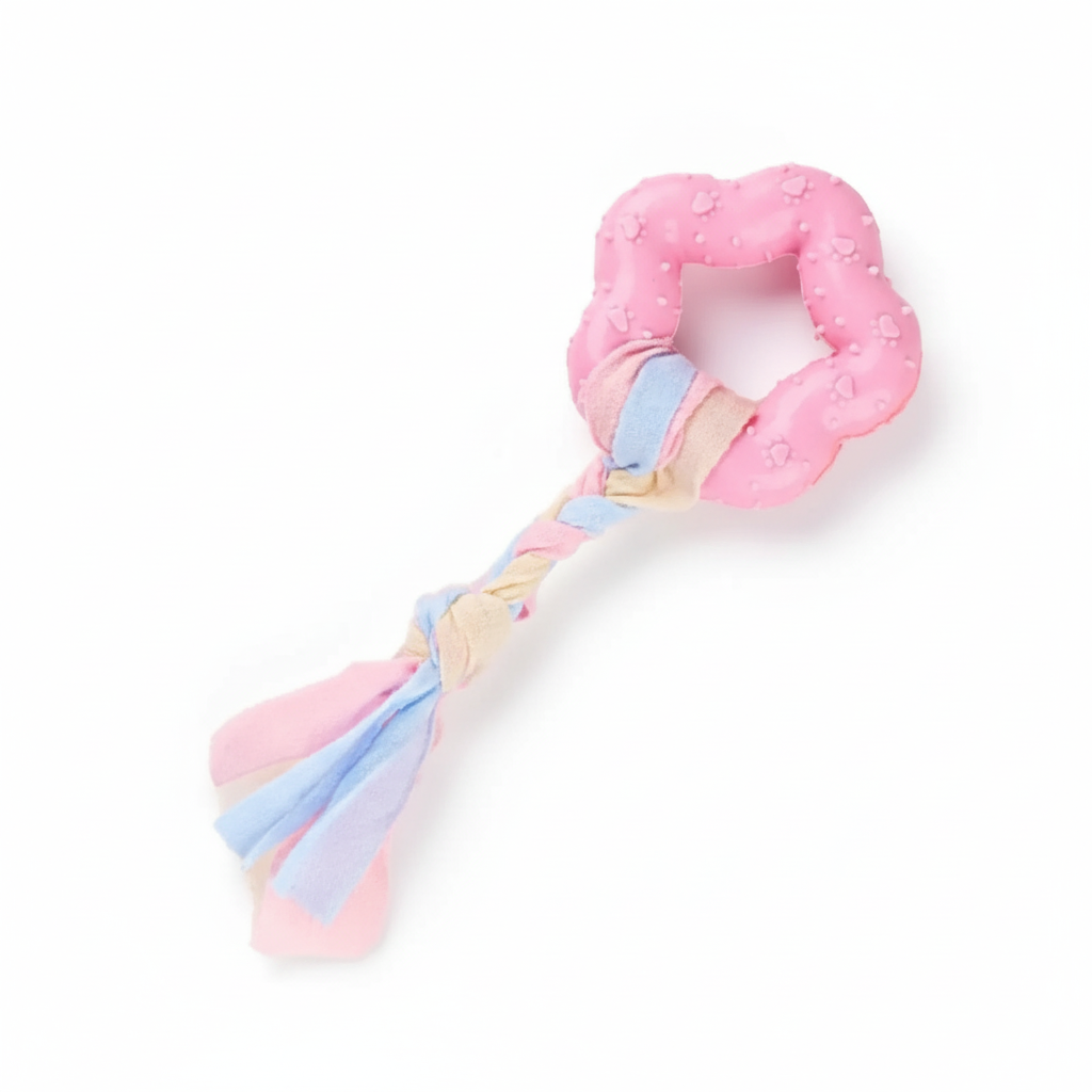 Jouet rose pour petits chiens en forme d'étoile avec lanière.Vendu sur la boutique Mon Petit Chihuahua. Convient aussi aux Chats.