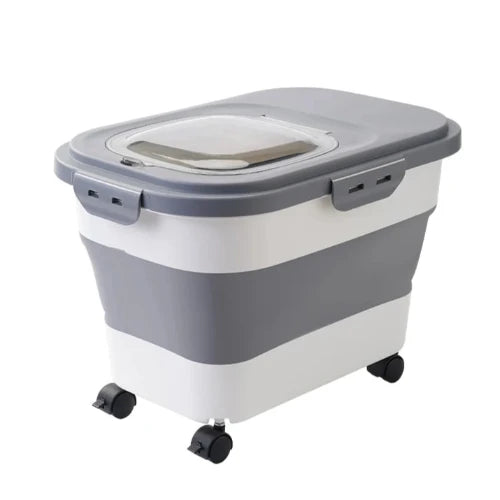 Accessoire pour Chihuahua - Boîte à croquettes blanche et grise sur roulettes - Hermétique pour la nourriture de votre petit chien ou chat