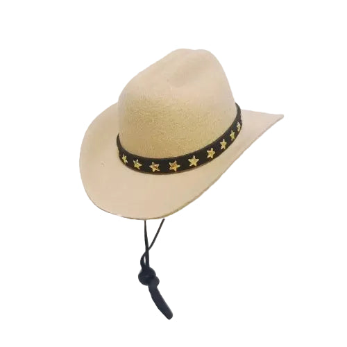 Chapeau de cow boy beige pour petit chien, avec lanière réglable. Accessoire élégant et amusant vendu sur la boutique Mon Petit Chihuahua. Convient aussi aux chats.
