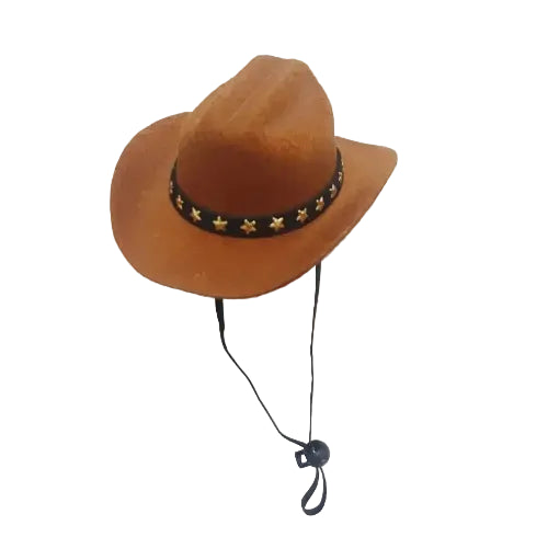 Chapeau de cow boy marron pour petit chien, avec lanière réglable. Accessoire élégant et amusant vendu sur la boutique Mon Petit Chihuahua. Convient aussi aux chats.
