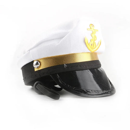 Casquette de marin pour petit chien, avec lanière réglable. Accessoire élégant et amusant vendu sur la boutique Mon Petit Chihuahua. Convient aussi aux chats.
