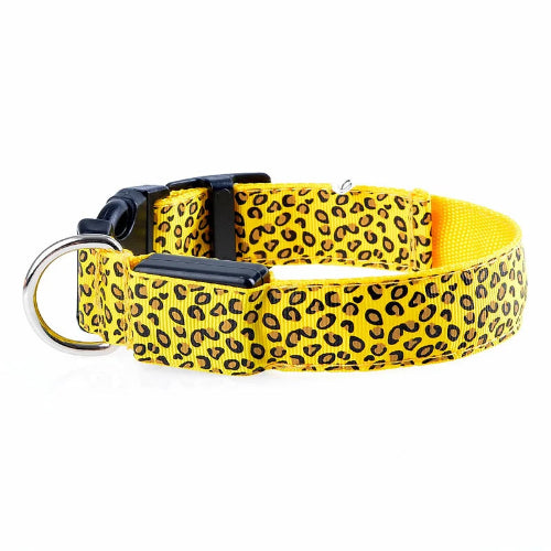 Collier pour chiens jaune aux motifs Léopard avec éclairage LED. Confortable, convient aux petits chiens, chihuahuas, ou aux chats. Vendu dans la boutique « Mon Petit Chihuahua »
