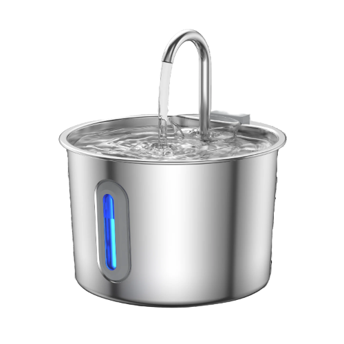 Fontaine à eau pour chien silencieuse. En inox résistant. Couleur grise. Convient à tous les petits chiens et les chats. Vendue sur la boutique Mon Petit Chihuahua.