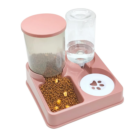 Gamelle double compartiment, automatique croquettes et eau. Adaptée à tous les petits chiens et les chats. Vendue sur la boutique Mon Petit Chihuahua. Couleur rose
