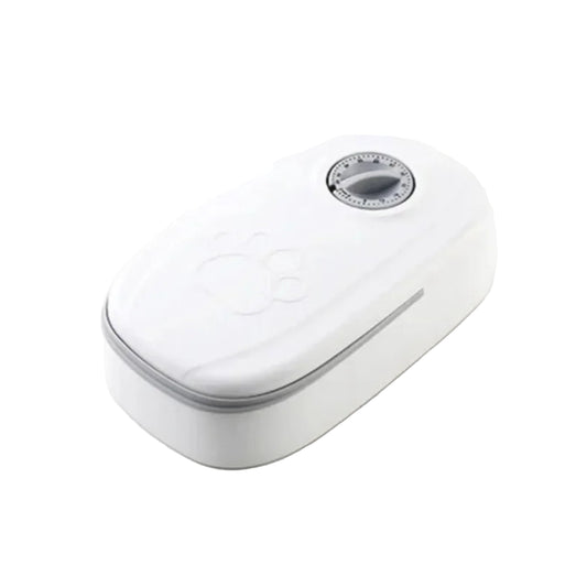 Gamelle simple compartiment. Avec un timer pour ouverture automatique. Adaptée à tous les petits chiens et les chats. Vendue sur la boutique Mon Petit Chihuahua. Vue fermée