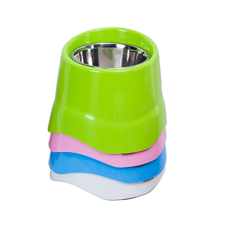 Gamelle pour chien : bol surélevé en plastique et inox. Adapté à tous les petits chiens et les chats. Vendue sur la boutique Mon Petit Chihuahua. Vue de toutes les couleurs disponibles