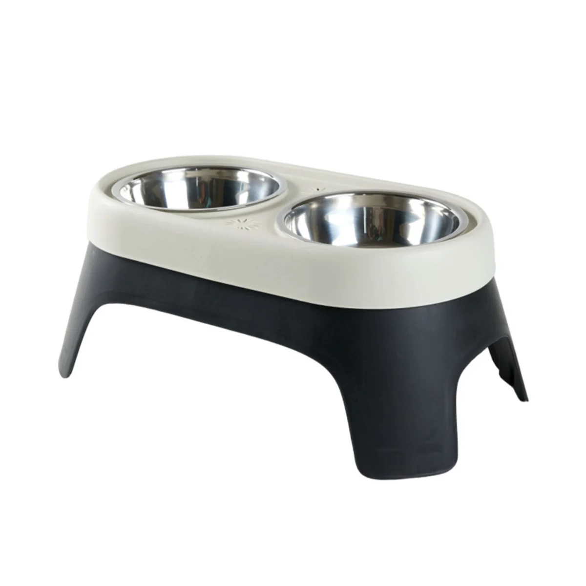 Gamelle double compartiment, surélevée, avec des bols en inox. Support en plastique résistant. Adaptée à tous les petits chiens et les chats. Vendue sur la boutique Mon Petit Chihuahua. Couleur blanc et noir