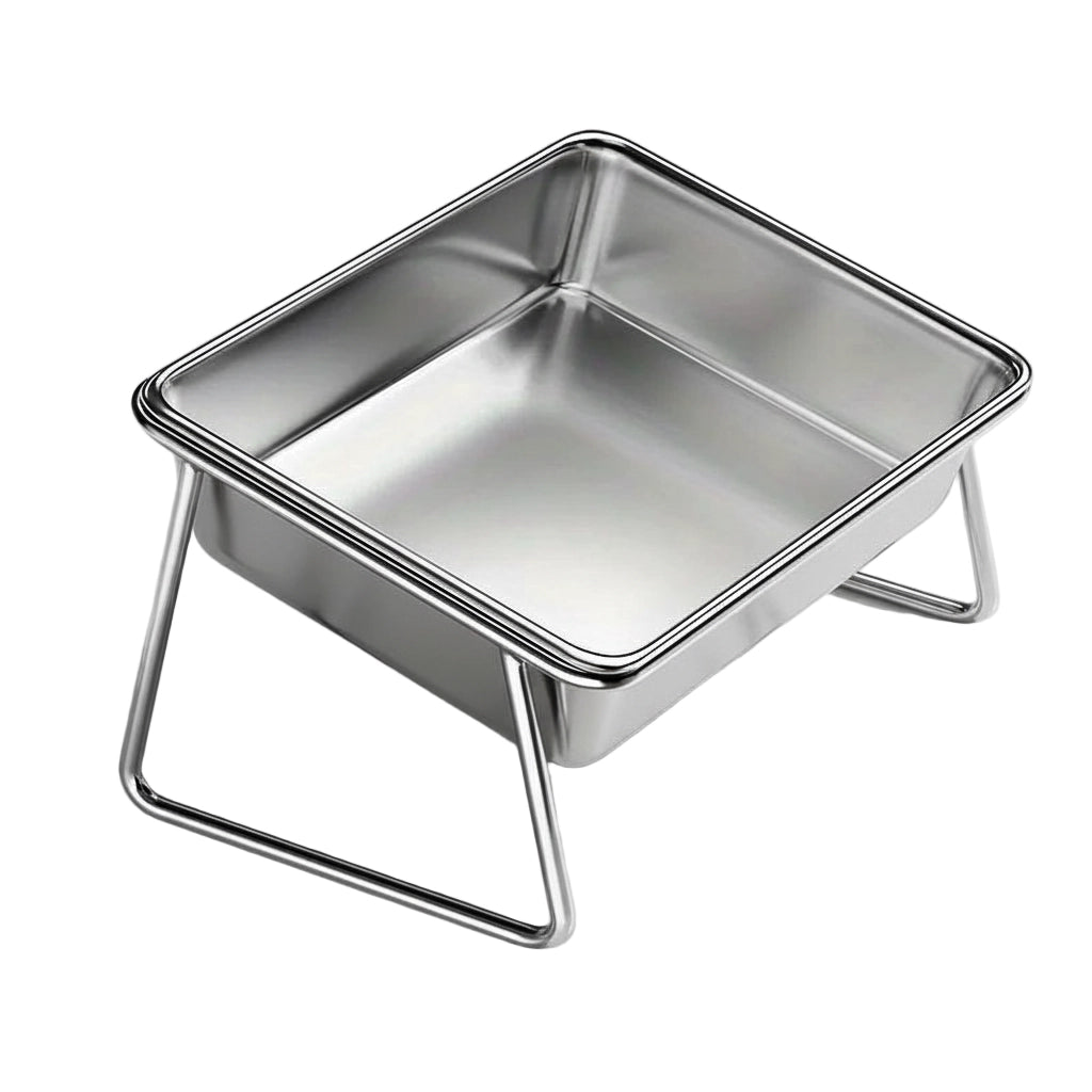 Grand bac en inox sur support incliné. Gamelle adaptée à tous les petits chiens et les chats. Vendue sur la boutique Mon Petit Chihuahua.