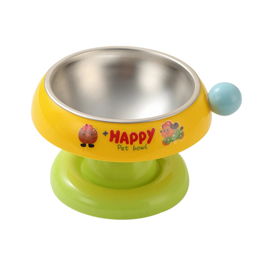 Gamelle surélevée pour chien, motifs Happy. Couleur jaune et vert. Adaptée à tous les petits chiens et les chats. Vendue sur la boutique Mon Petit Chihuahua.
