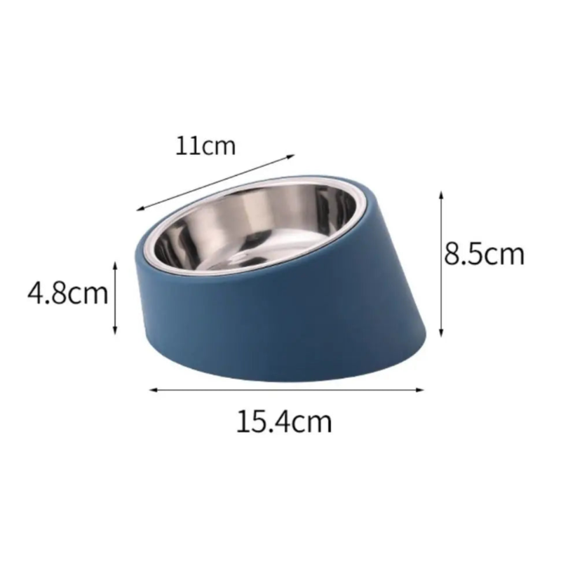 Gamelle en inox , avec support en plastique incliné. Adaptée aux petits chiens et aux chats. Vendue sur la boutique Mon Petit Chihuahua. Vue des dimensions