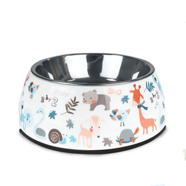 Dog Bowl: White stainless steel with animal motifs