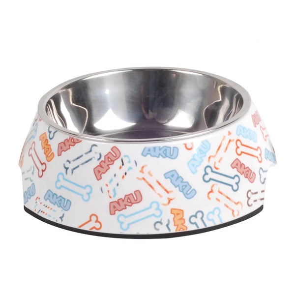 Dog Bowl: White stainless steel with bone pattern