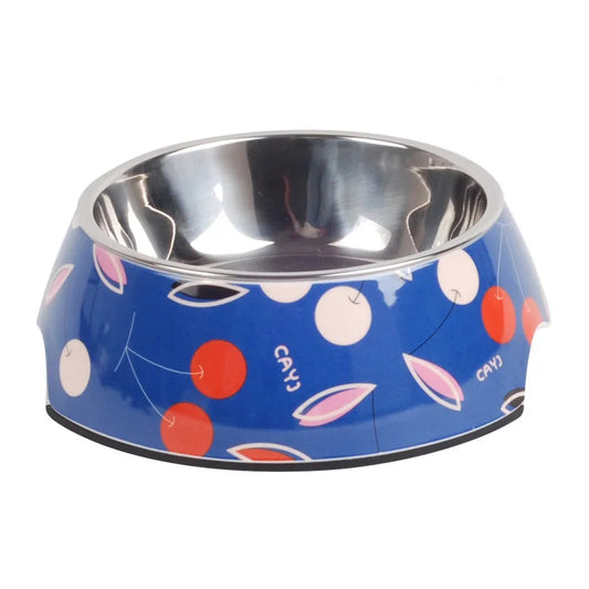 Gamelle Chien Inox bleue motifs Cerises adaptée aux petits chiens et aux chats. Vendue sur la boutique Mon Petit Chihuahua.
