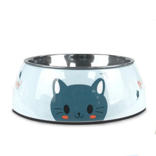 Gamelle Chien Inox bleue motifs Chats adaptée aux petits chiens et aux chats. Vendue sur la boutique Mon Petit Chihuahua.
