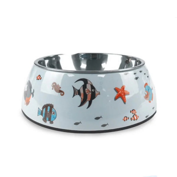 Dog Bowl: Blue stainless steel with fish patterns
