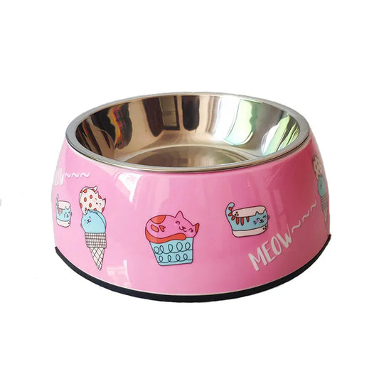 Gamelle Chien Inox rose motifs Chats adaptée aux petits chiens et aux chats. Vendue sur la boutique Mon Petit Chihuahua.
