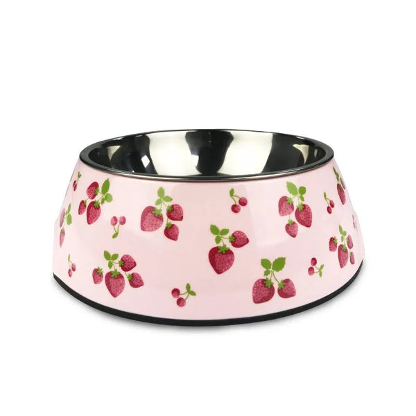 Dog Bowl: Pink stainless steel with strawberry pattern