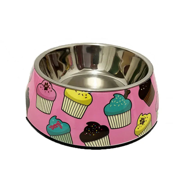 Dog Bowl: Pink stainless steel with muffin patterns