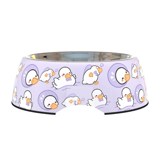 Gamelle Chien Inox violet motifs Canards adaptée aux petits chiens et aux chats. Vendue sur la boutique Mon Petit Chihuahua.
