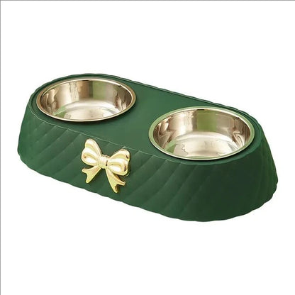 Gamelle pour Chien en plastique double avec noeud papillon en relief doré. Gamelle adaptée aux petits chiens et aux chats. Vendue sur la boutique Mon Petit Chihuahua. Couleur vert