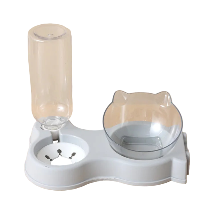 Gamelle double compartiment, pour croquettes et eau. En plastique résistant, couleur gris. Adaptée à tous les petits chiens et les chats. Vendue sur la boutique Mon Petit Chihuahua. 
