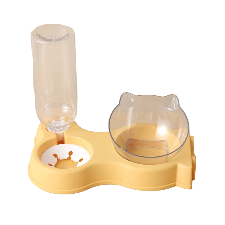 Gamelle double compartiment, pour croquettes et eau. En plastique résistant, couleur jaune. Adaptée à tous les petits chiens et les chats. Vendue sur la boutique Mon Petit Chihuahua. 
