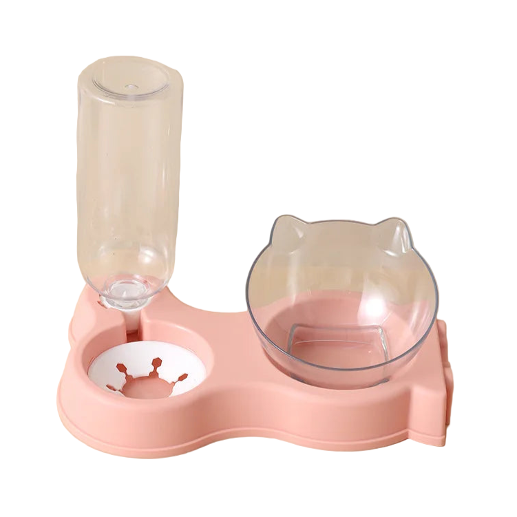 Gamelle double compartiment, pour croquettes et eau. En plastique résistant, couleur rose. Adaptée à tous les petits chiens et les chats. Vendue sur la boutique Mon Petit Chihuahua. 
