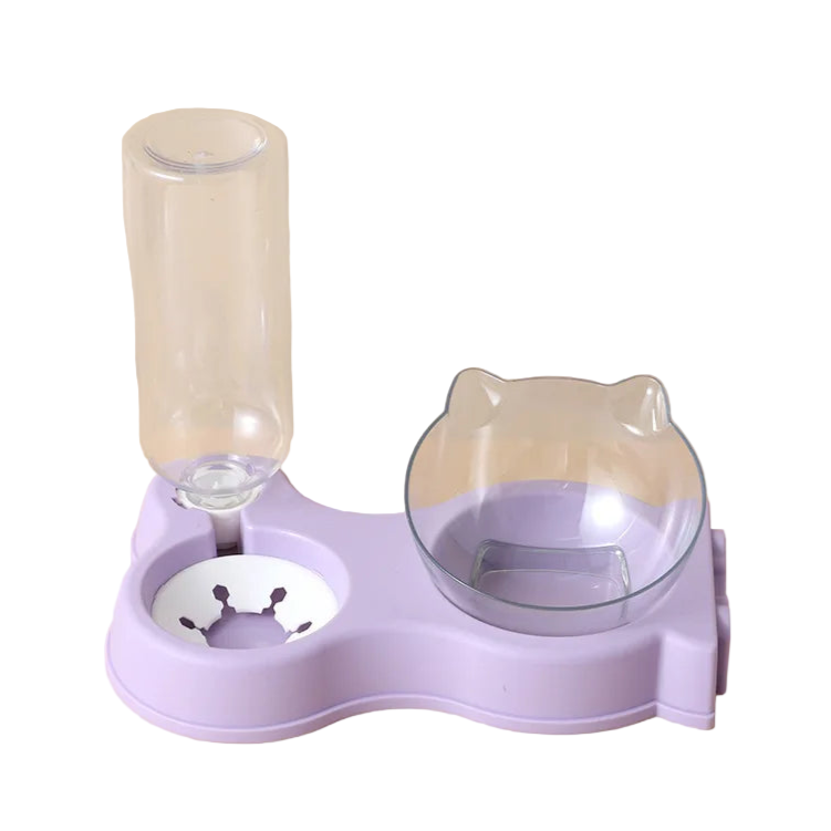 Gamelle double compartiment, pour croquettes et eau. En plastique résistant, couleur violet. Adaptée à tous les petits chiens et les chats. Vendue sur la boutique Mon Petit Chihuahua. 

