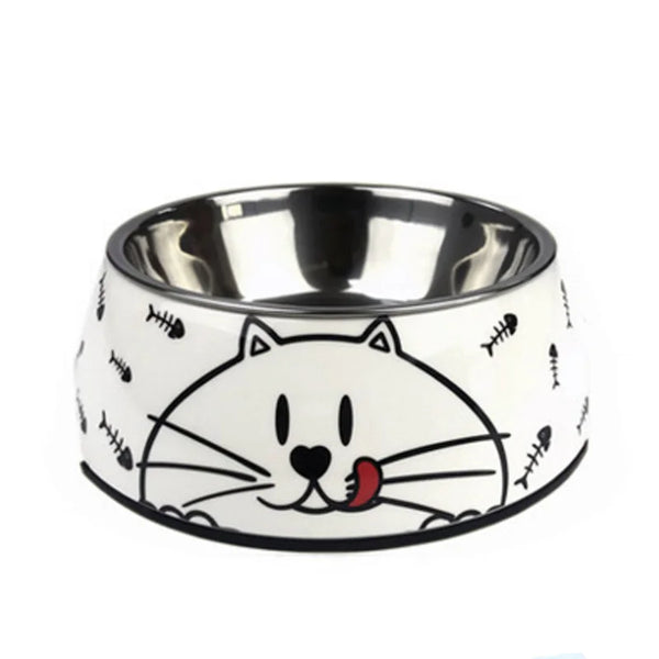 Dog Bowl: White stainless steel with cat motifs