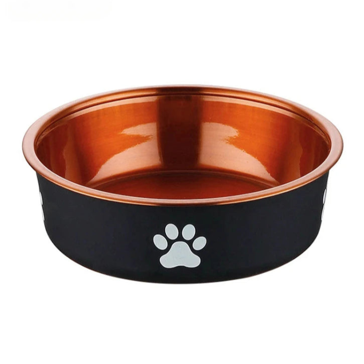 Gamelle de couleur noire et bronze. Anti dérapante pour croquettes et eau. Adaptée à tous les petits chiens et les chats. Vendue sur la boutique Mon Petit Chihuahua.