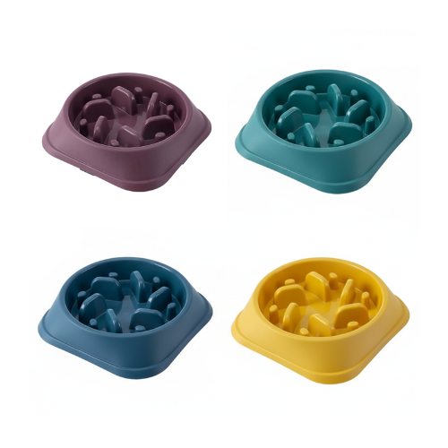 Gamelle anti gloutons ronde en plastique résistant coloré. Adaptée pour les croquettes et l’eau. Convient à tous les petits chiens et les chats. Vendue sur la boutique Mon Petit Chihuahua.Vue des 4 modèles disponibles