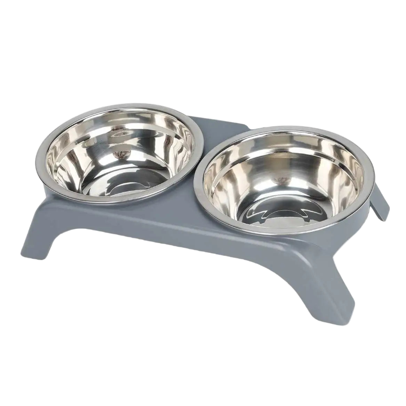 Double gamelle surélevée. Support gris. Adaptée à tous les petits chiens et les chats. Vendue sur la boutique Mon Petit Chihuahua.