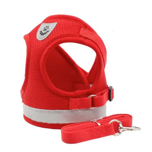 Harnais : gilet réfléchissant rouge pour petit chien avec sa laisse assortie. Confortable, convient aux petits chiens, chihuahuas, ou aux chats.