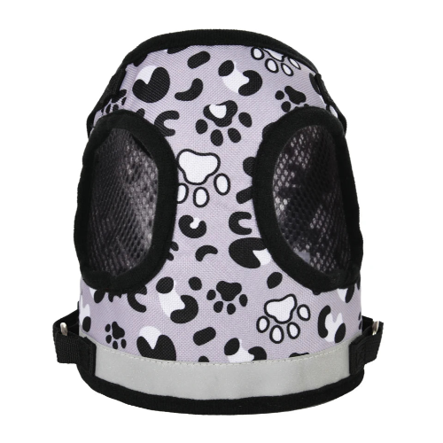 Harnais gris résistant avec motifs léopard pour chiens. Confortable, convient aux petits chiens, chihuahuas, ou aux chats.
