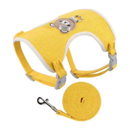 Harnais jaune avec motif nounours et sa laisse assortie pour petit chien. Réglable et confortable, convient aux petits chiens, chihuahuas, ou aux chats.