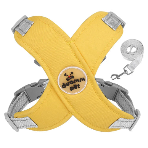 Harnais jaune et gris et sa laisse assortie pour petit chien. Réglable et confortable, convient aux petits chiens, chihuahuas, ou aux chats.