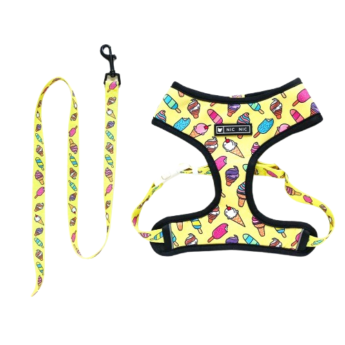 Harnais Chihuahua : Jaune motifs Glaces + Laisse