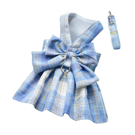 Harnais pour chiens en forme de Robe bleue à carreaux. Vendu avec sa Laisse assortie. Confortable, convient aux petits chiens, chihuahuas, ou aux chats. Vendu dans la boutique « Mon Petit Chihuahua »