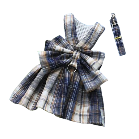 Chihuahua-Geschirr: Marineblaues kariertes Kleid + Leine